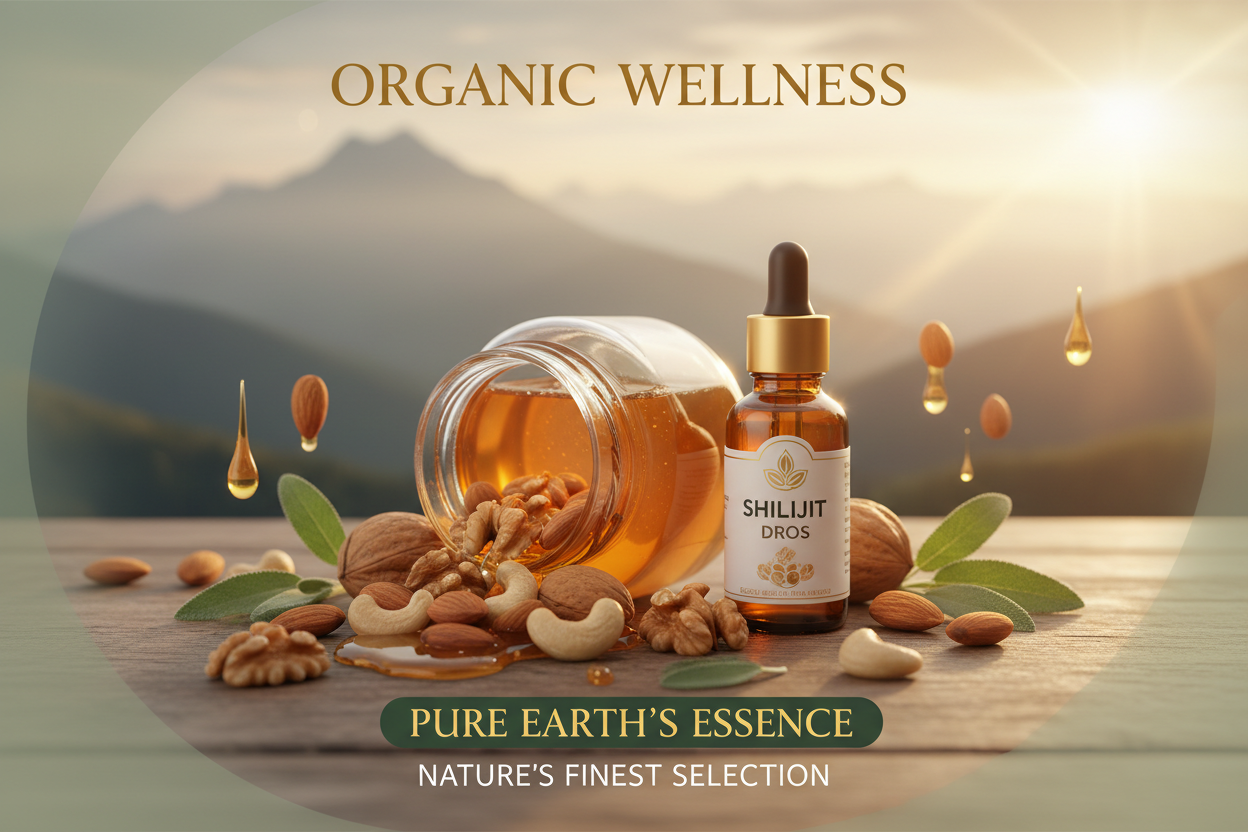 “Create a visually stunning hero banner for an organic wellness store. The banner should feature a natural, earthy aesthetic with warm colors like honey gold, beige, and sage green. Include high-quality product visuals: a jar of Dry Nuts Honey Mix with nuts spilling out and a bottle of Shilajit/Salajeet drops with natural mountain/organic background. Add subtle textures like honey drips, nuts, leaves, and sunlight effects. do not include any text